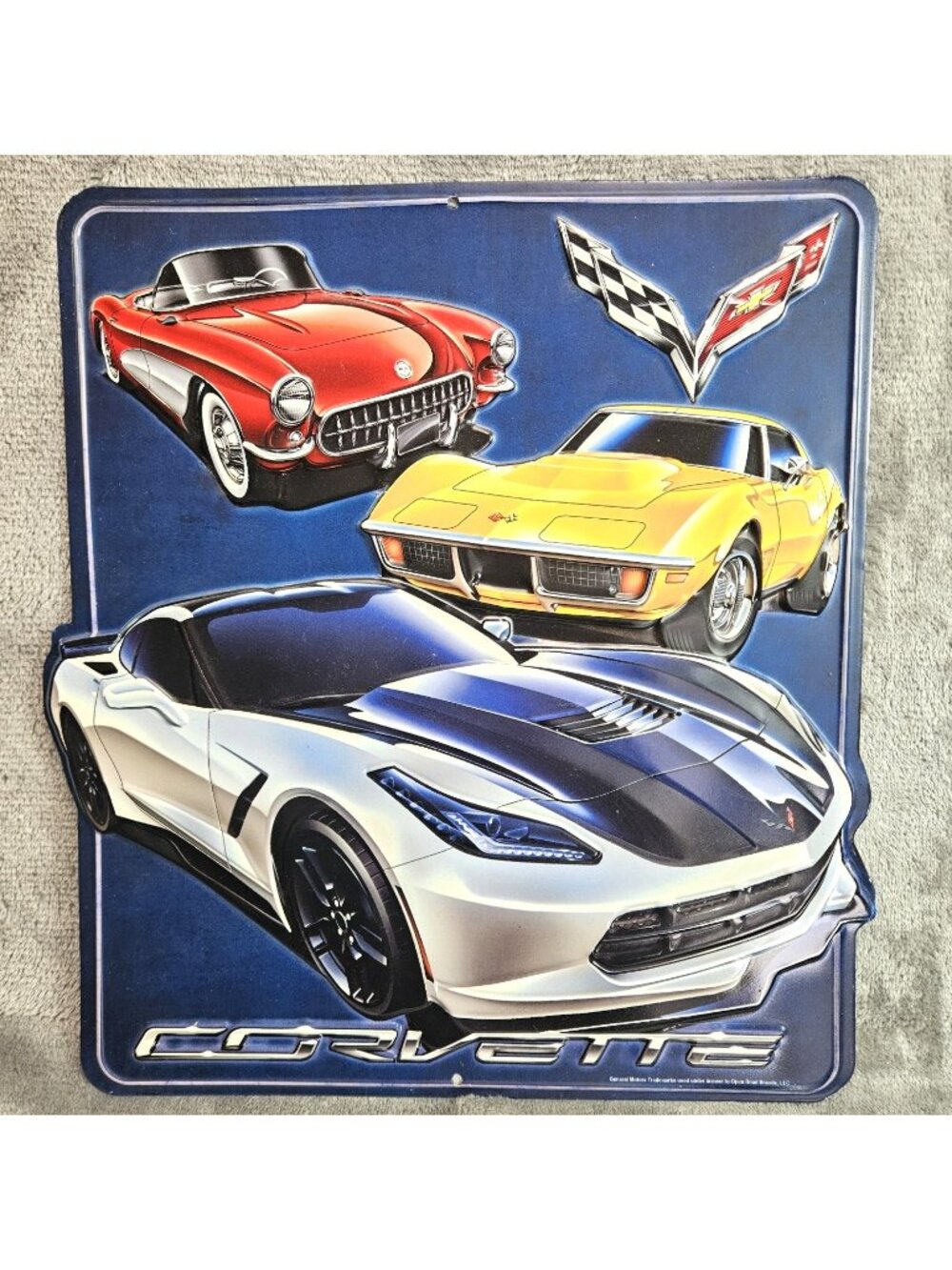 Corvette GM Metal Tin Sign Garage Man Cave 12 x 13 Sports Car Flag Log Blue Red